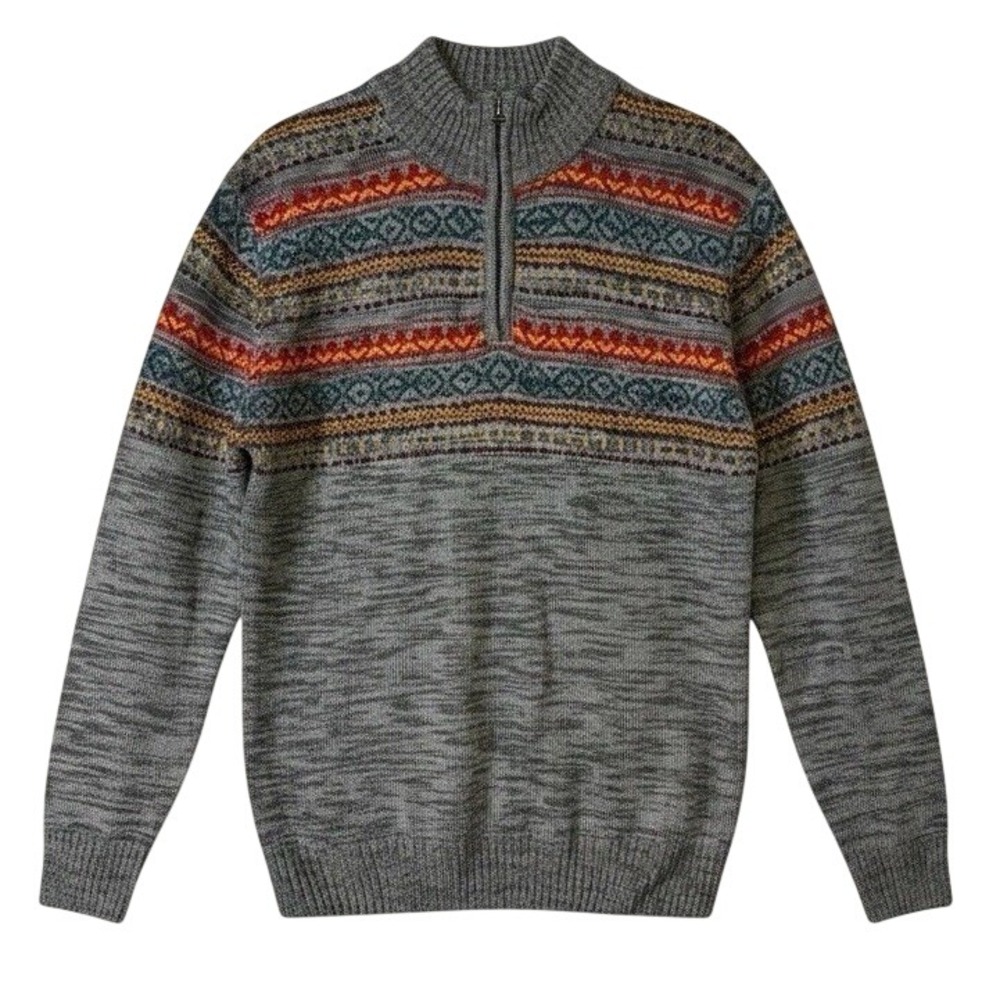 Carbon Men's XL Half Zip Fair Isle Sweater Knit Pullover Gray Red Yellow Blue